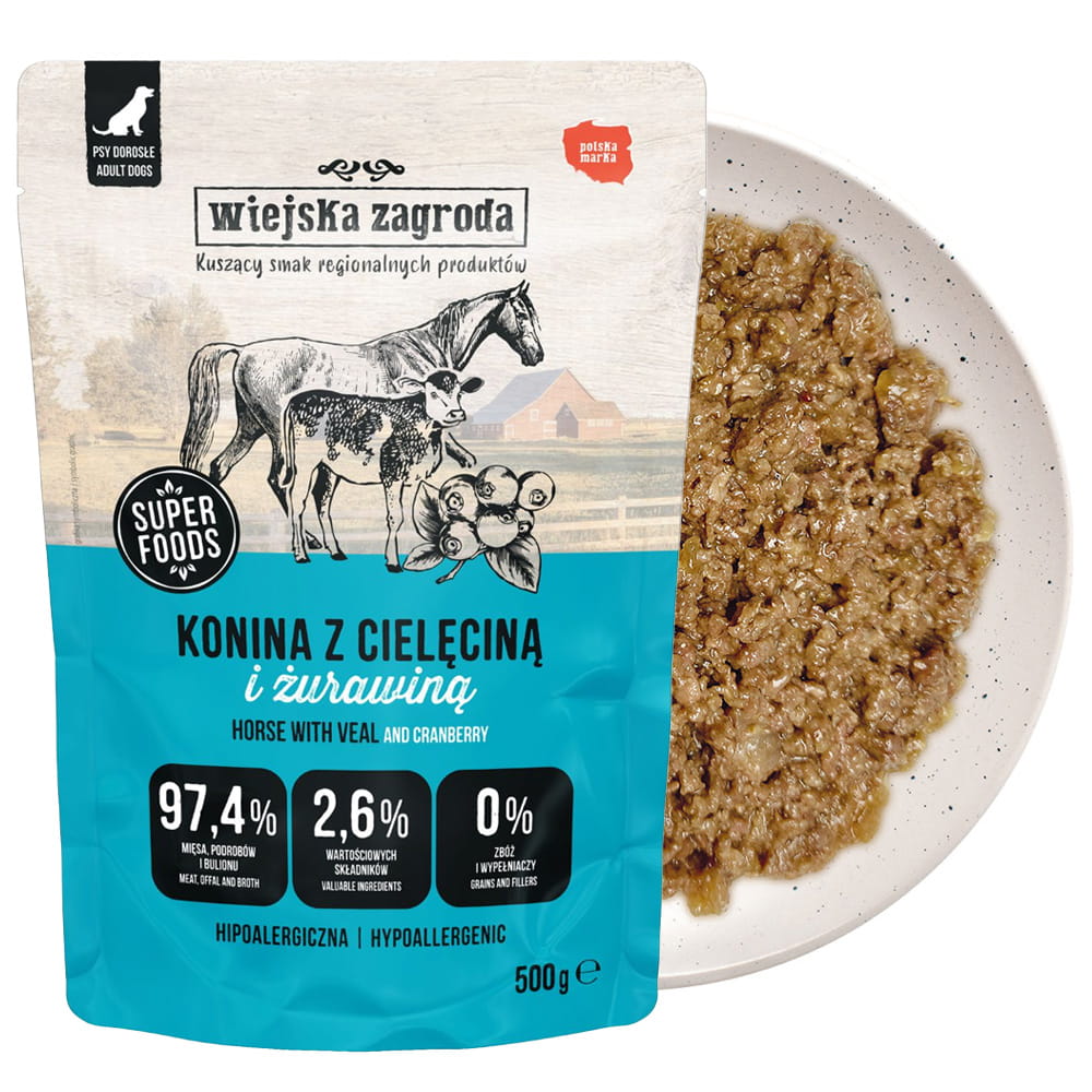 Wiejska Zagroda Karma mokra dla psa Konina z cielęciną (dorosły) 500g